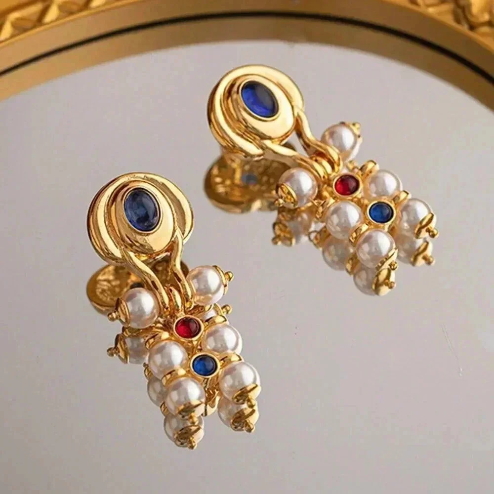 Blue Women's Imitation Stone Metallic Beaded Faux Pearl Gold Plated Earrings - Picture 4 of 8